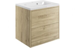 BTL Perla 2 Drawer Wall Vanity Unit inc Basin 600mm Havana Oak